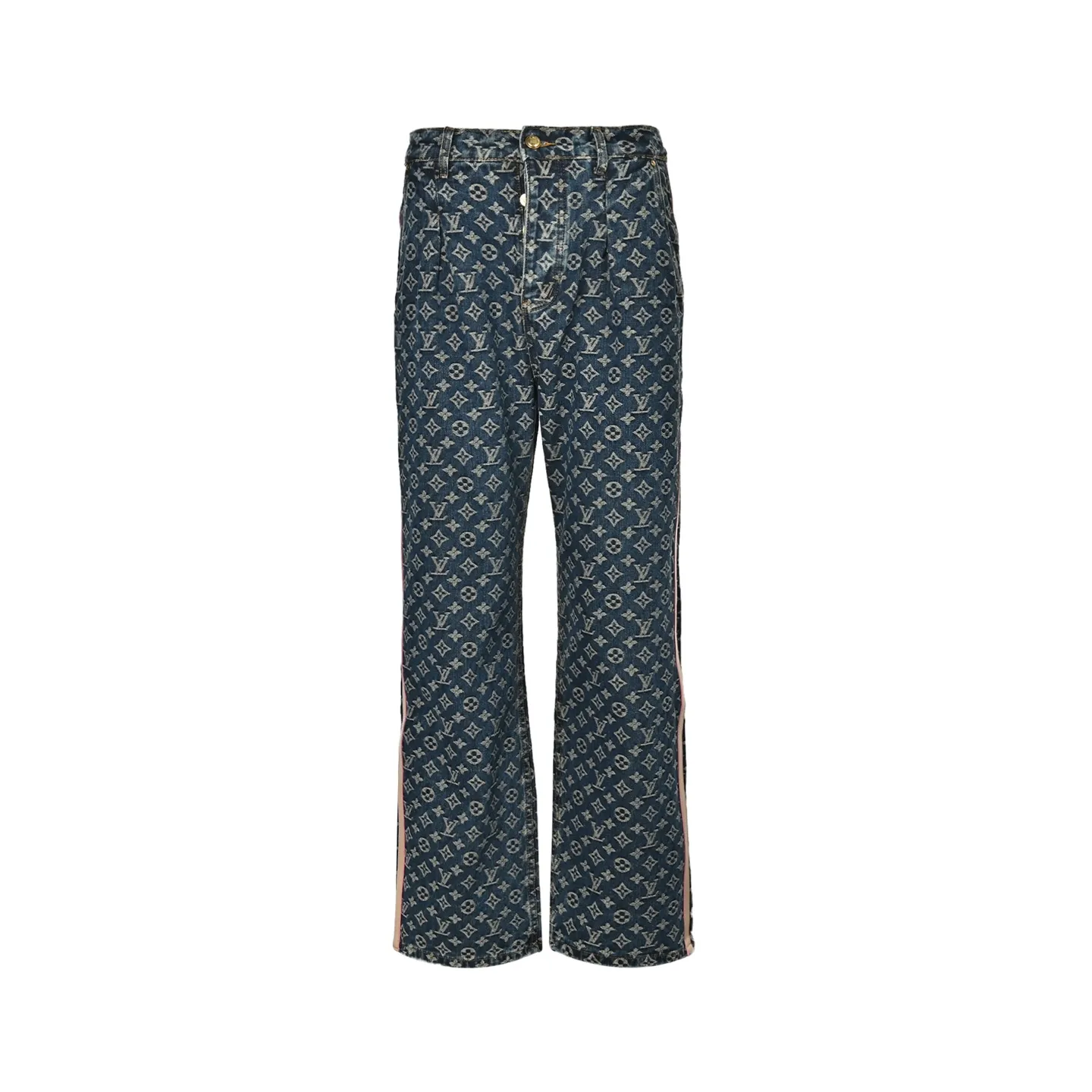 Louis Vuitton/Louis Vuitton all-over printed side leather strip washed blue jeans